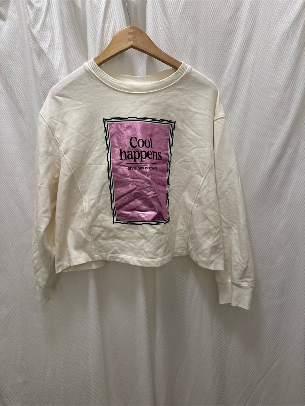Zara Cream Crewneck Sweatshirt with Pink Metallic Graphic